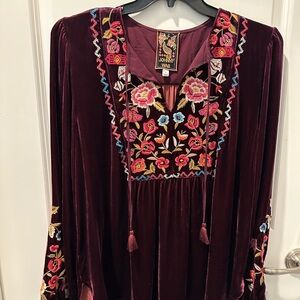 Johnny Was Burgundy Velvet Blouse with Multicolor Embroidery